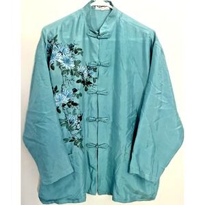 Vietsille Jacket Womens Small Teal‎ Mandarin Collar Frog Closures Floral Print